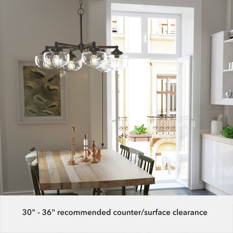 Hunter Saddle Creek Contemporary Schoolhouse Chandelier - Clear or White Glass Globes - Entry, Dining Room, Kitchen Table
