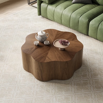 35" Mid Century Flower Shape Coffee Table, Solid Wood Veneer for Living Room, Brown