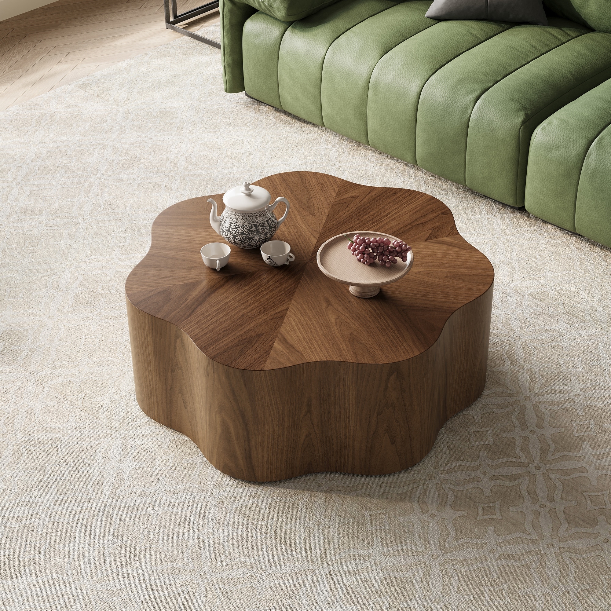 35" Mid Century Flower Shape Coffee Table, Solid Wood Veneer for Living Room, Brown