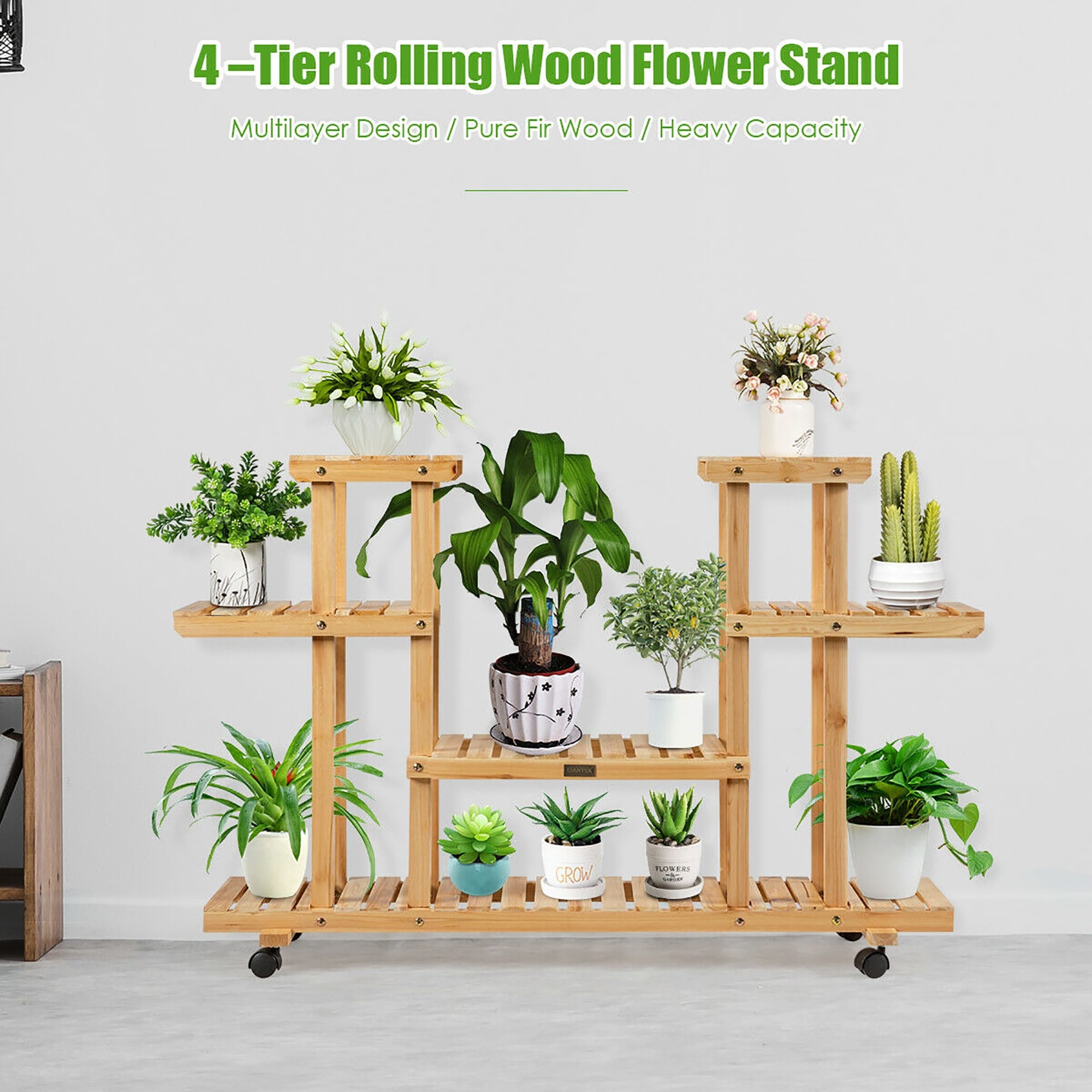Heavy Duty Rolling Flower Rack Wood Solid Plant Stand Shelf Wheel Indoor Outdoor