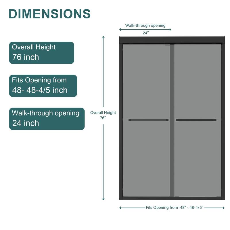 48"W x 76"H Double Sliding Glass Shower Door - 8mm Tempered Glass with 304 Stainless Steel Frame