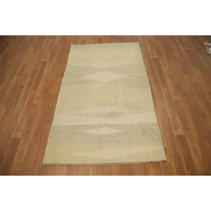 Hand Woven Oriental 100% Wool Carpet Southwestern Modern Beige & Ivories Kilim Area Rug - 5' 0'' X 2' 11''