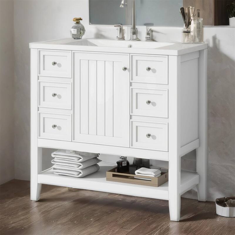 36" Bathroom Vanity w/ Ceramic Sink, 1 Cabinet, 3 Drawers - Solid Wood