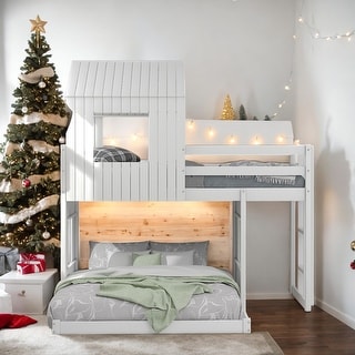 Wooden Twin Over Full Bunk Bed Loft Bed With Ladder and Guardrails