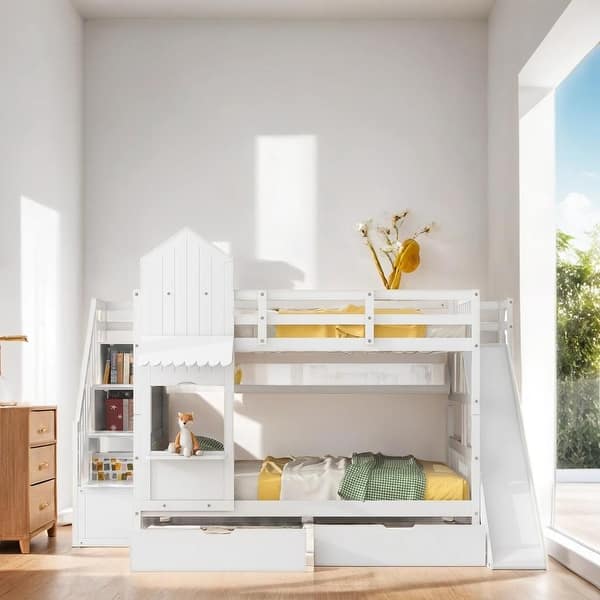 slide 2 of 12, Full-Over-Full Bunk Bed with 2 Drawers, Castle Style Bed with 3 Storage Shelves, Storage Bed with Slide, White Modern White