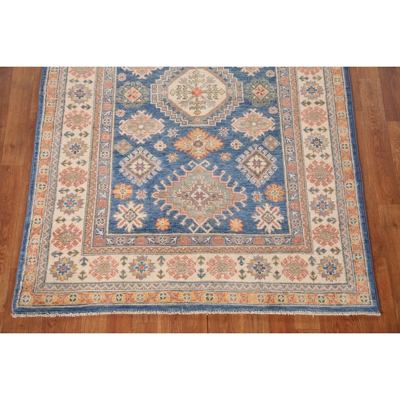 Blue Geometric Kazak Oriental Area Rug Handmade Wool Carpet - 4'0"x 5'10"