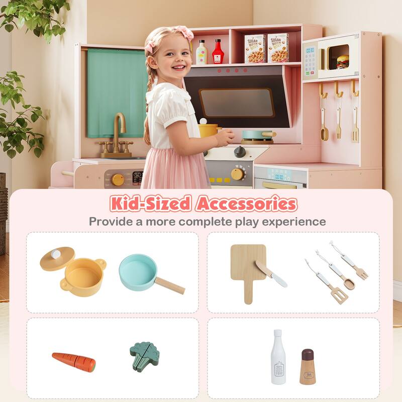 Gymax Corner Kitchen w/ Lights & Sounds Interactive Wooden Playset for