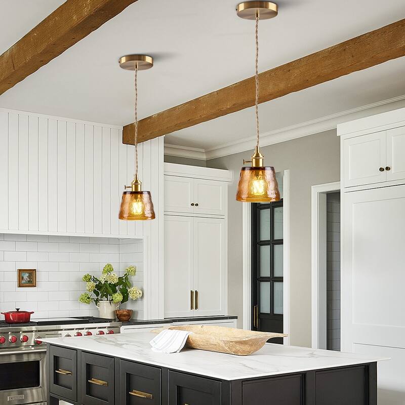 1-Light Vintage Pendant Light Amber Glass Pendant Light