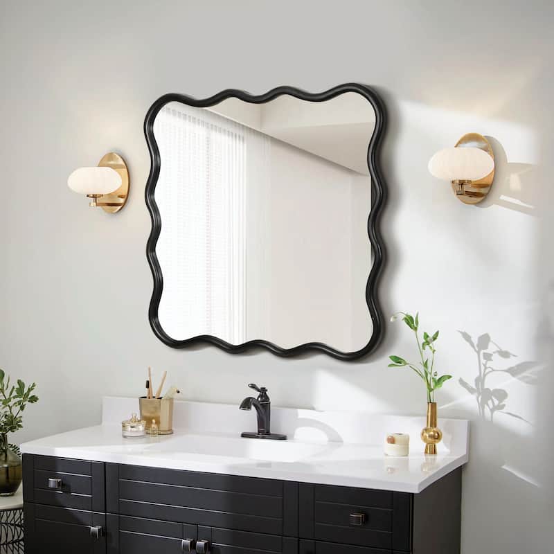 36x36 Inch Solid Wood Wavy Square Mirror - Modern Wall Decor