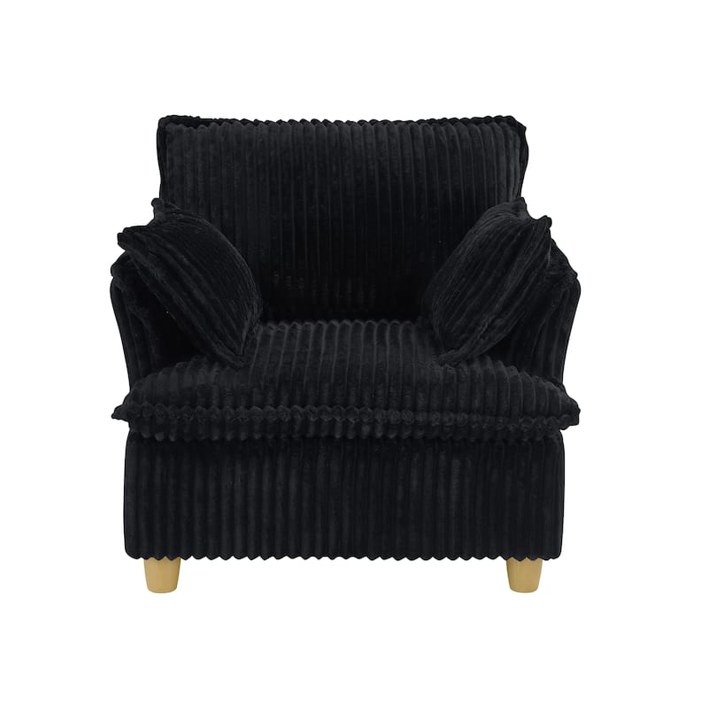 Single-seat Corduroy Sofa with Ottoman and Throw Pillows, 60x36x34 inches, Black