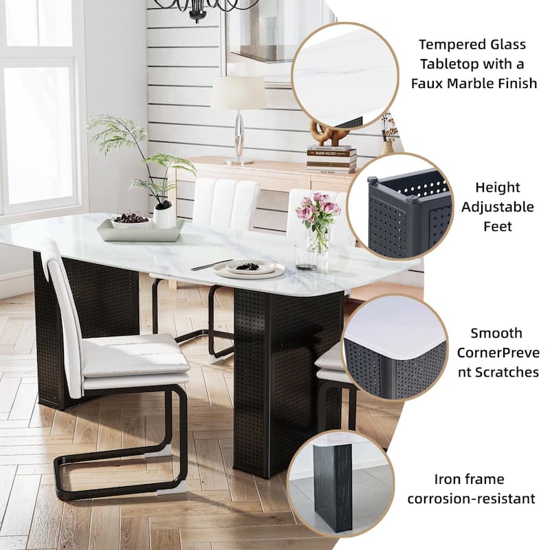 Modern Rectangular Tempered Glass Dining Table, Marble-Patterned Design with Black Dual-Pedestal Metal Base for Dining Room