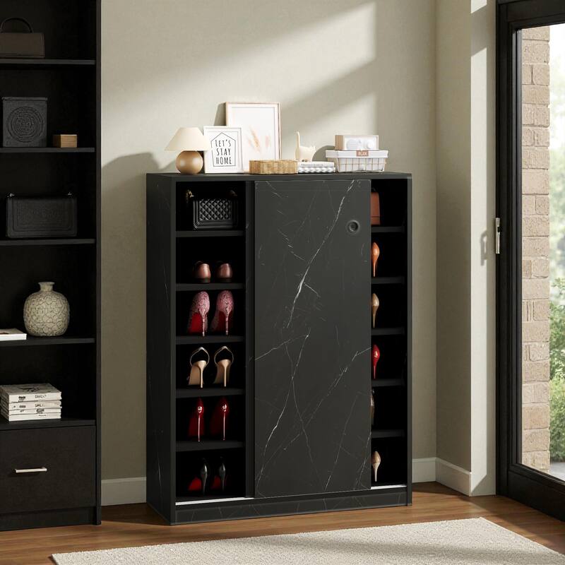 31.5" Marble Shoe Cabinet with Sliding Door, 6-Layer Large Capacity Freestanding Shoe Organizer for Entryway and Hallway