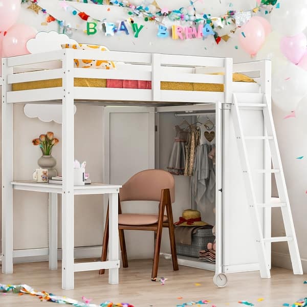 slide 2 of 29, Twin Size Loft Bed with Wardrobe and Desk, Maximized Space, White White