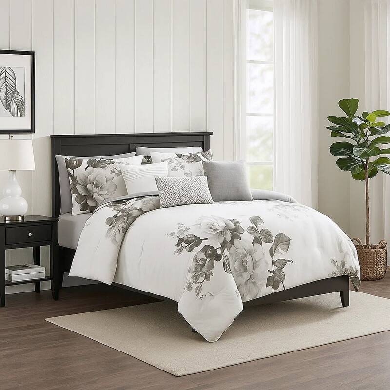 7 Piece Cotton King Comforter Set with Floral Print, Gray and White