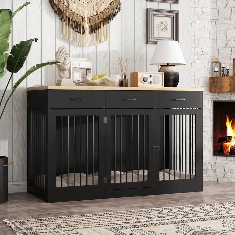 Furniture Style Dog Crate with Storage Drawers, Large Dog Kennel Cabinet with Wood Top, Double Door Pet Crate End Table
