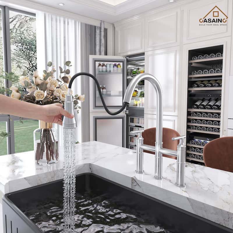 Double Handle Bridge Pull-Down Sprayhead Kitchen Faucet