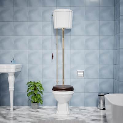 White Ceramic High Tank Pull Chain Toilet Round Bowl and Brass PVD L Pipes