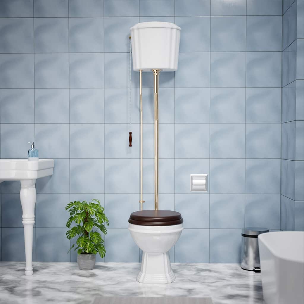White Ceramic High Tank Pull Chain Toilet Round Bowl and Brass PVD L Pipes