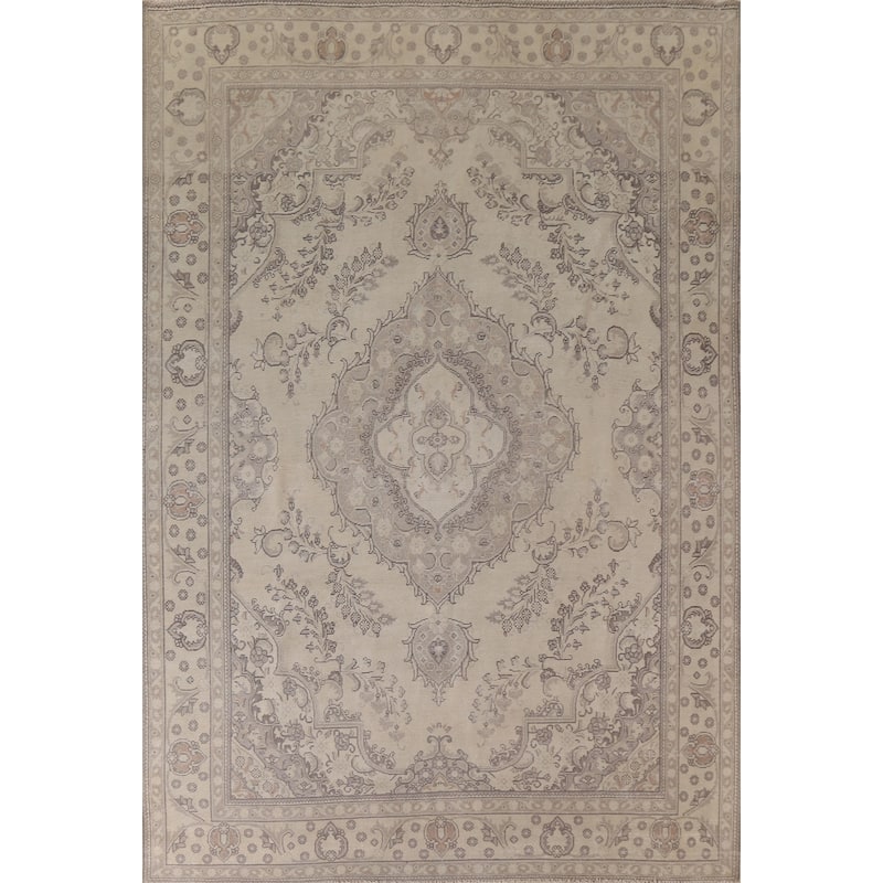 Hand Knotted Oriental 100% Wool Carpet Traditional Floral Beige & Ivories Tabriz Area Rug - 12' 4'' X 9' 10''