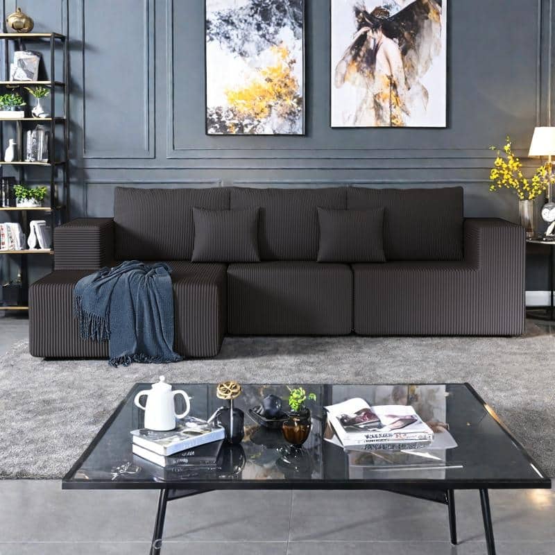 108.3" Corduroy L-Shaped Modular Cloud Sofa with Chaise Lounge - DARK GREY