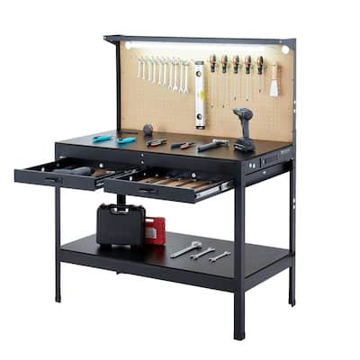 Black Alloy Steel Garage Workbench with LED Light, Power Outlets and Storage Hooks - 47.2 x 23.5 in