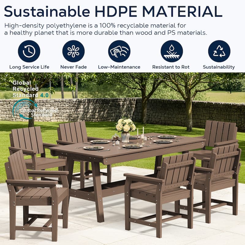 7-Piece HDPE Outdoor & Indoor Dining Set, Rectangular 67.91in W Table with Umbrella Hole and 6 Chairs Set of 7, Wood-Look Finish