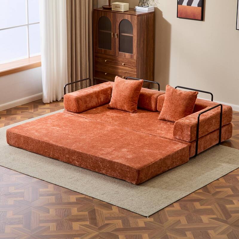 Chenille Floor Sleeper Sofa Bed Foldable Loveseat Couch Futon Sofa with Removable L-shaped Armrest and Movable Iron Frame - Orange