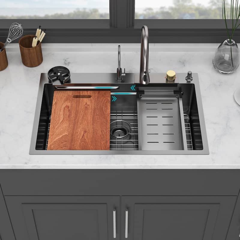 33 in. Drop-in Single Bowl 16 Gauge Gunmetal Black Stainless Steel Kitchen Sink Basin - 33" x 22" x 10" - Gunmetal Black - 33" x 22" x 10"
