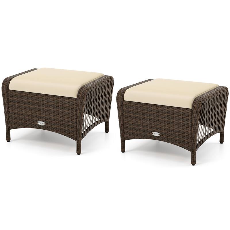 Gymax 2 Pieces Outdoor Patio PE Wicker Ottomans w/ Removable Cushions - Beige