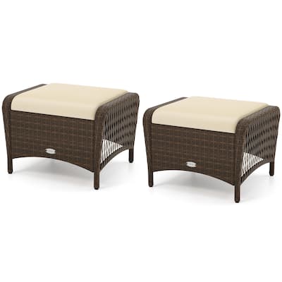 Gymax 2 Pieces Outdoor Patio PE Wicker Ottomans w/ Removable Cushions