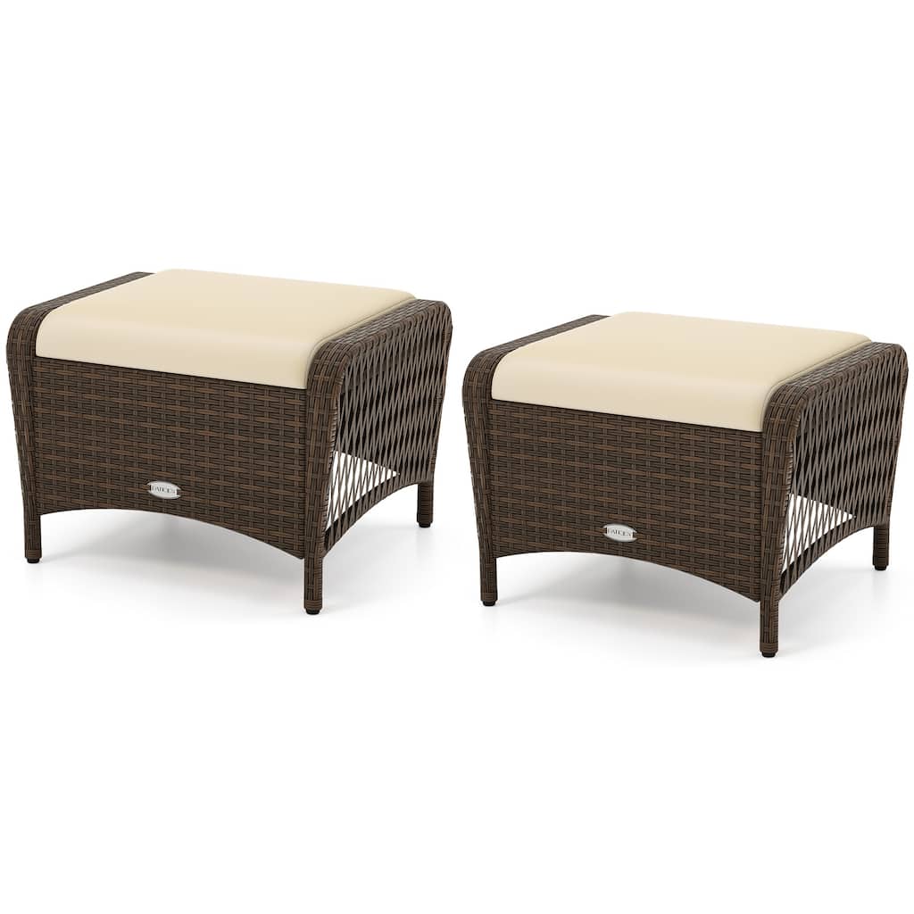 Gymax 2 Pieces Outdoor Patio PE Wicker Ottomans w/ Removable Cushions
