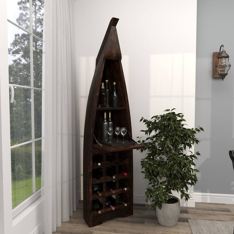 Brown Wood 12 Bottle and 2 Shelf Boat Standing Wine Rack with Foldable Tray