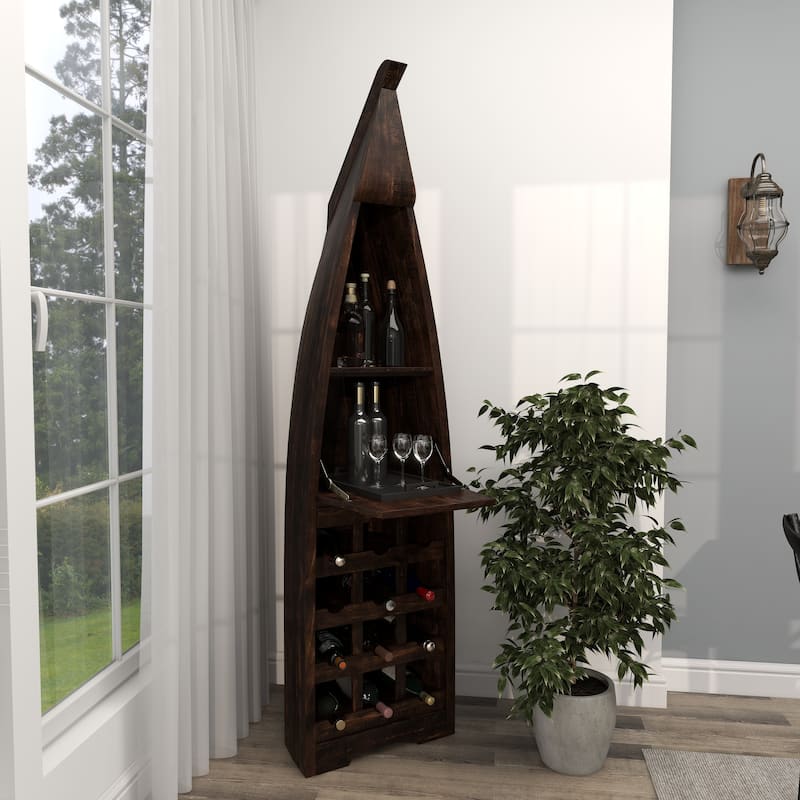 Wood Boat 12 Bottle 2 Shelf Standing Wine Rack with Foldable Tray - Brown - Roche River Decor