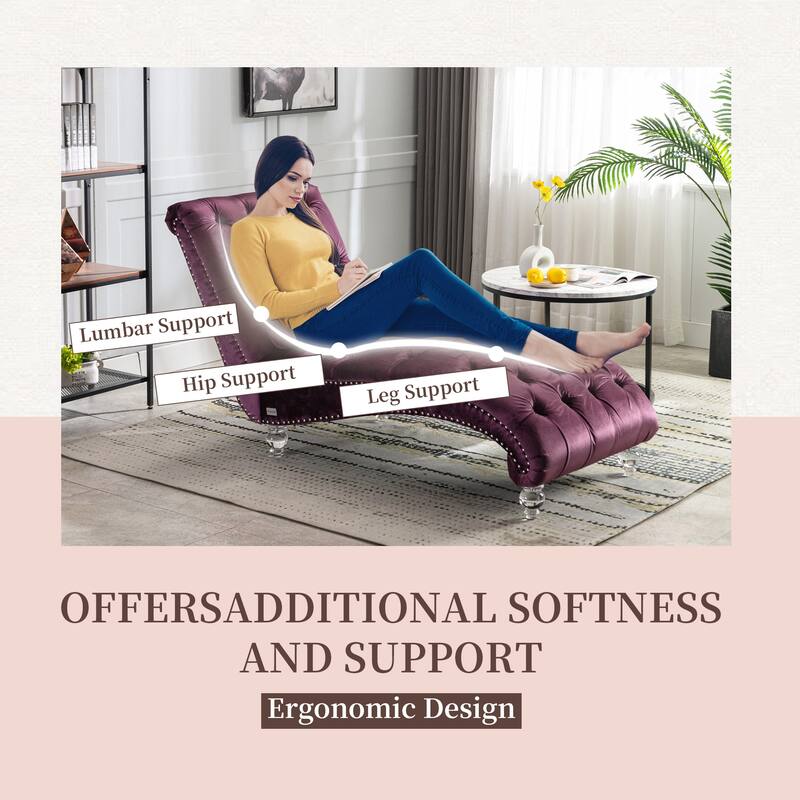 Velvet Tufted Chaise Lounge Chair Ergonomic S Shape Recliner with Pillow, Nailhead Trim and Acrylic Legs for Indoor Use