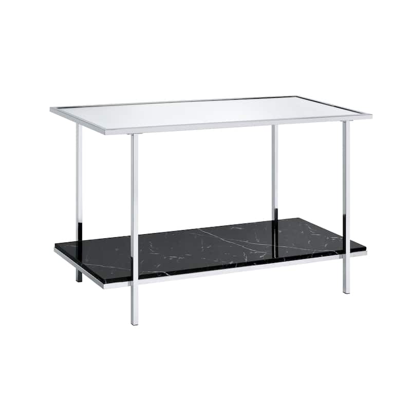 Console Table with Mirror Top and Faux Marble Open Bottom Shelf, Silver