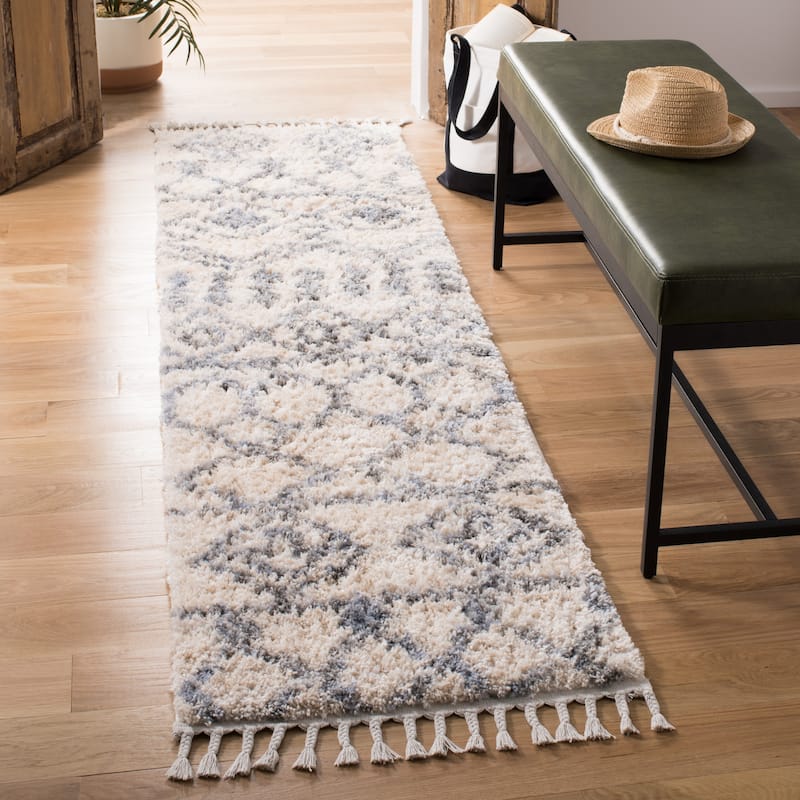 SAFAVIEH Berber Fringe Burcak Maryann Trellis Rug - 2' x 8' Runner - Cream/Grey