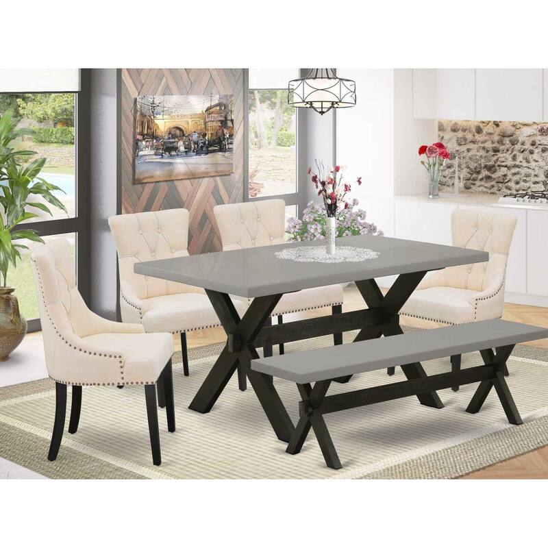 HomeStock 6-Piece Rectangle Natural Oak Finish Solid Wood Top Dining Table with 1-Bench, 4-Chairs