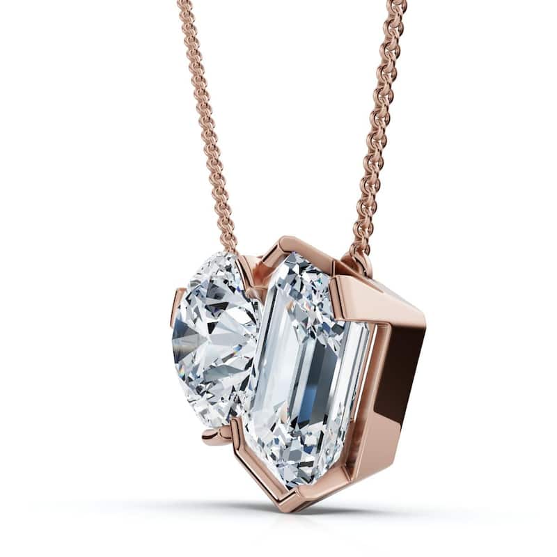 Bliss Diamond 2Ct Toi Et Moi Round & Emerald Diamond Pendant Gold 18" Necklace Lab Grown - Rose