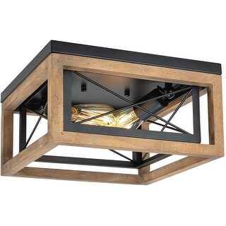 2 light square flush mount ceiling light fixture industrial black cage ...