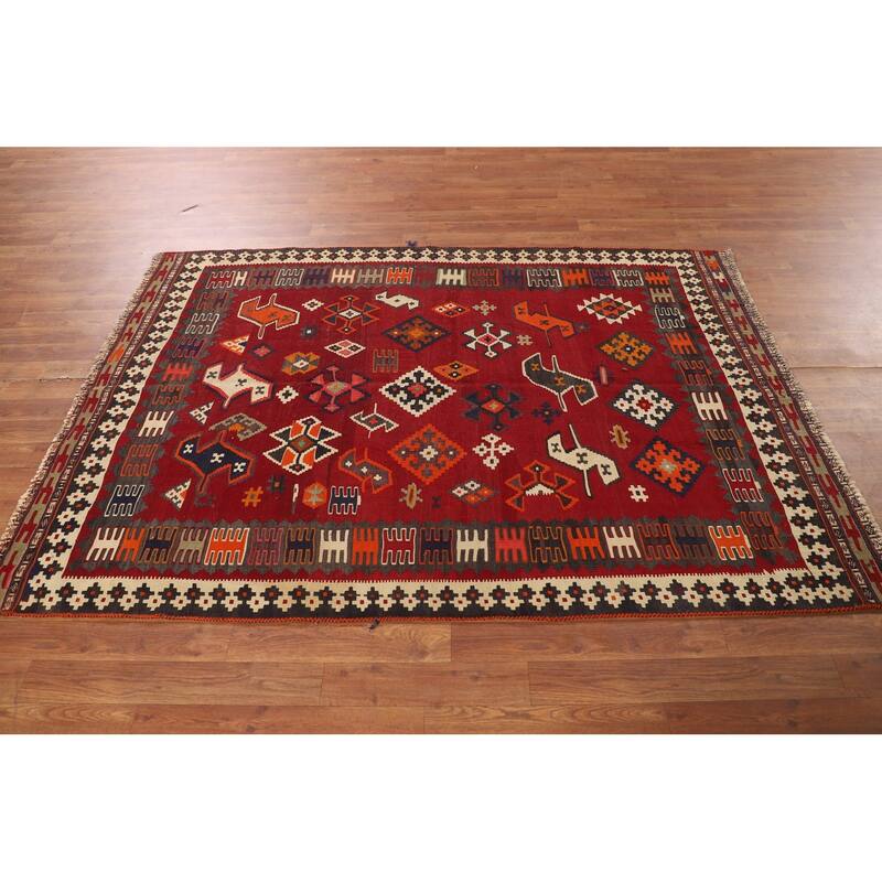 Kilim Qashqai Persian Vintage Area Rug Hand-Woven Red Wool Carpet - 4'8"x 6'7"