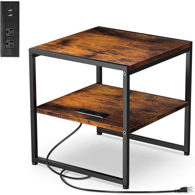 20" End Table , Industrial Square Side Table with USB Ports & Outlet - Bown