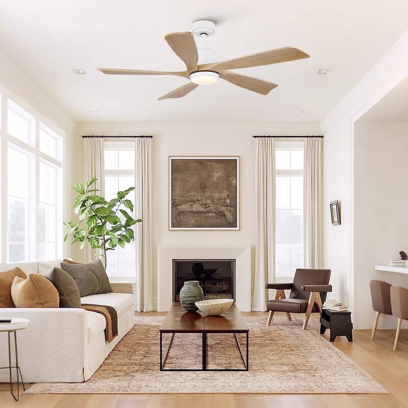 52 inch Natural Style Cozy Solid Wood White Ceiling Fan with Light, Quiet DC Motor