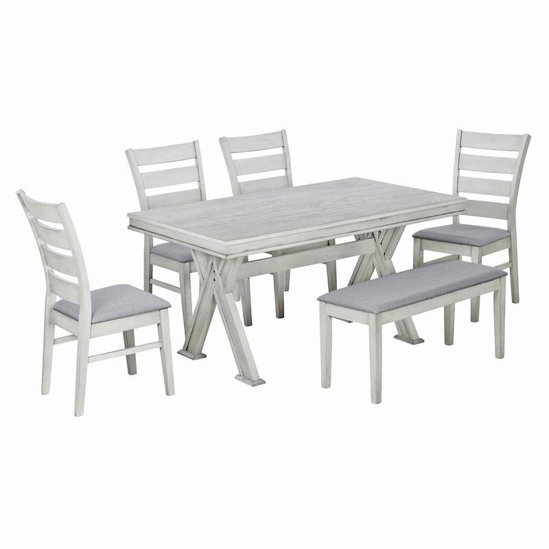 6Piece Retro Rectangular Unique Legs Dining Table with 4 Upholstered