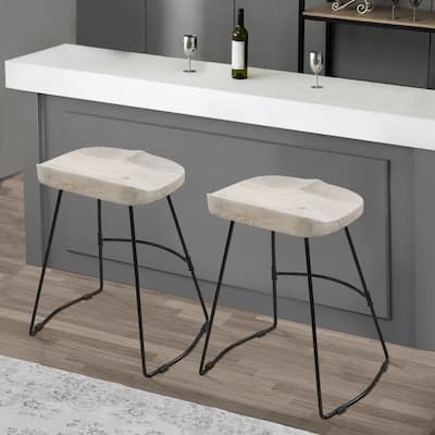 Tiva 24 Inch Handcrafted Backless Counter Height Stool, Whitewashed Mango Wood Saddle Seat, Black Metal Base