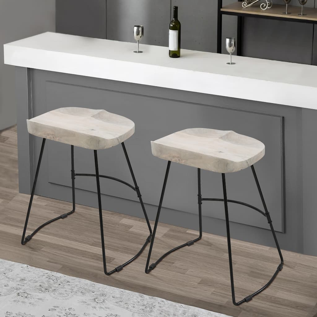 Tiva 24 Inch Handcrafted Backless Counter Height Stool, Whitewashed Mango Wood Saddle Seat, Black Metal Base