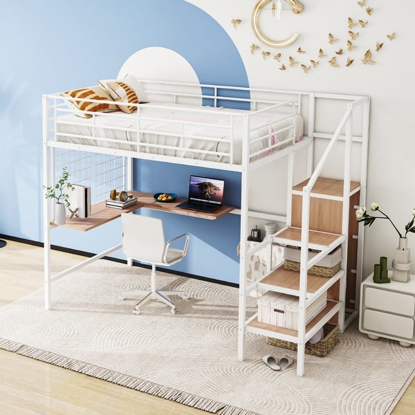 slide 2 of 13, Full Size Metal Loft Bed Frame with Desk, Lateral Storage Ladder & Wardrobe White