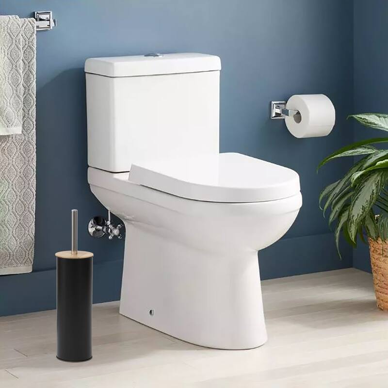 Metal Toilet Brush and Holder Set With Bamboo Lid