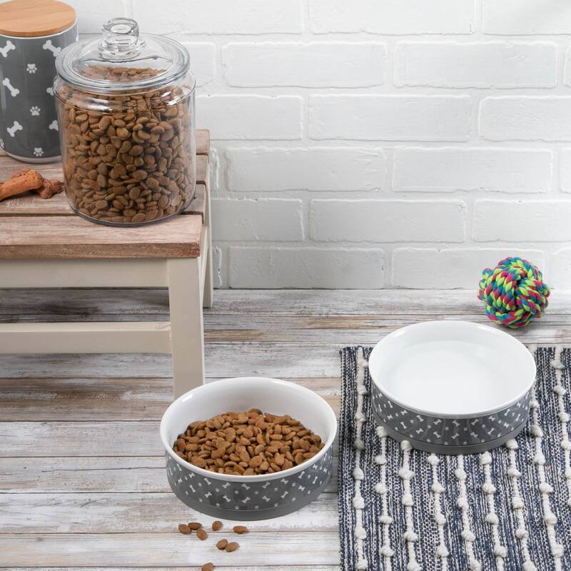 DII Pet Bowl Black Paw Print Gray Small 4.25dx2h (Set of 2)