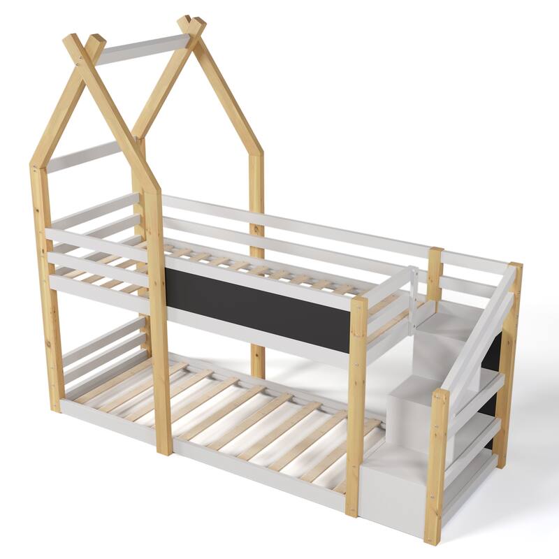 Twin over Twin House Bunk Bed Low Loft Bed Wood Slat Support with