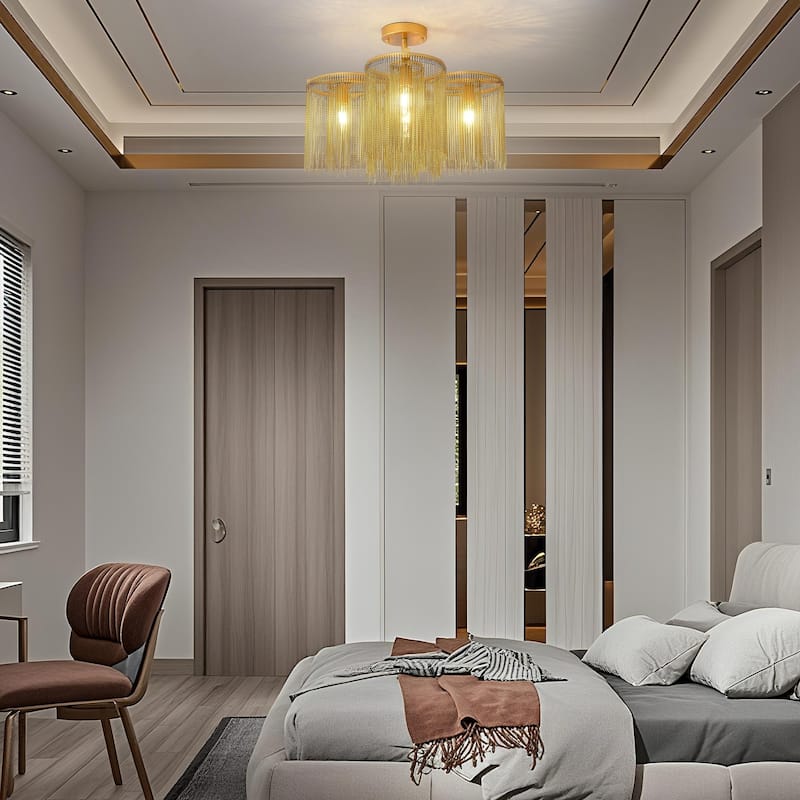 5-Light Glam Gold Fringe Semi Flush Mount Light - Brushed Gold